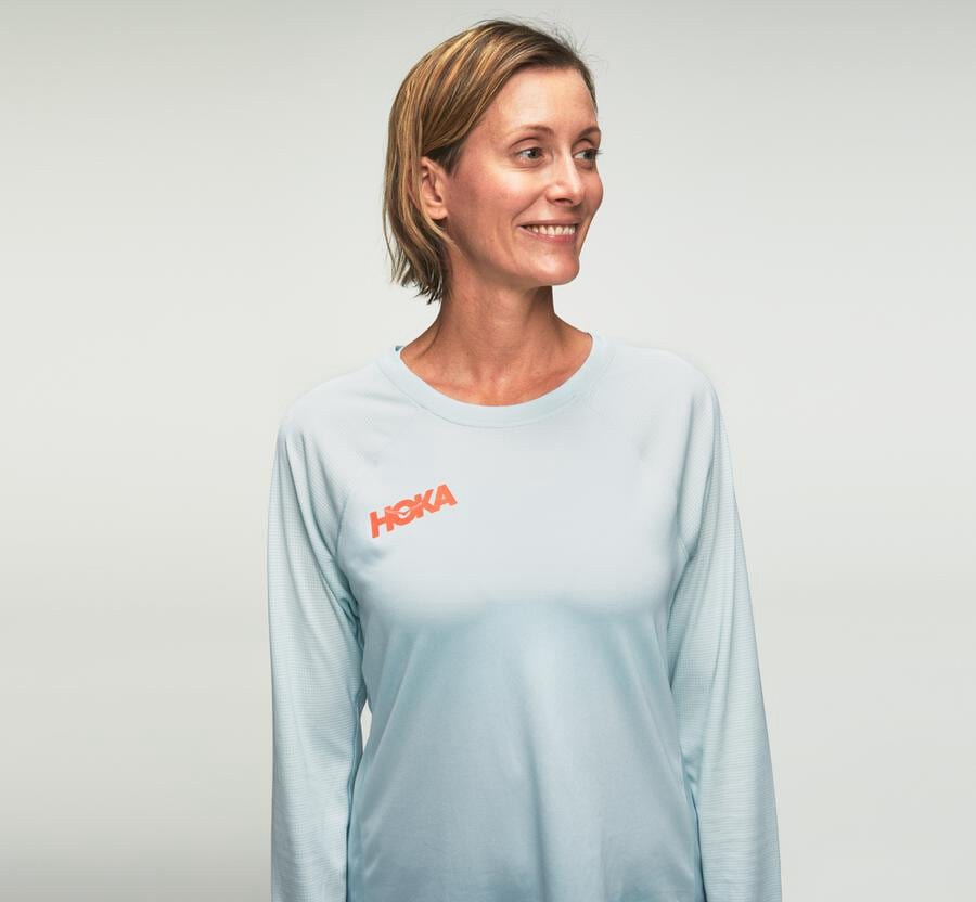 Hoka One One Top Damske Modre - Performance Dlho Sleeve - 54108-RNMJ